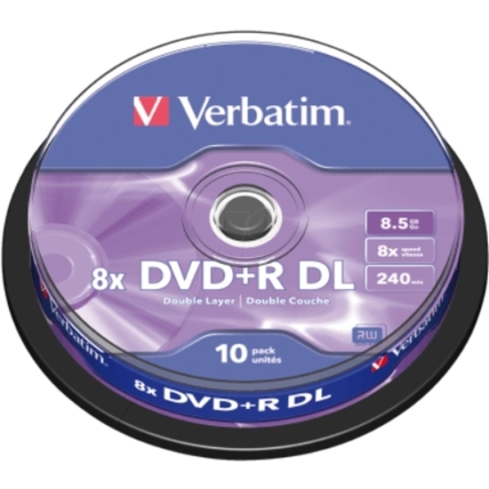 Слика на DVD+R DL, Двоен Слој, 8.5GB/240min, 8x Speed, Spindle, Сет 1/10, Verbatim, 43666