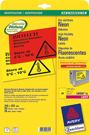 Слика на Етикети, А4, 1/25, 25 етикети, 210-297мм, Zweckform, 6006, неон жолта