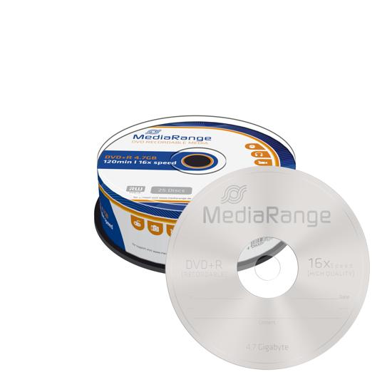 Слика на DVD+R, 4.7GB/120min, 16x Speed, Spindle, Сет 1/25, Media Range, MR404