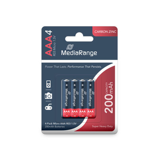 Слика на Батерија, Carbon-Zinc, ААА, 1.5V, 200mAh, 1/4, Media Range, R03, MRBAT141