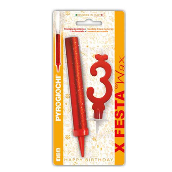 Слика на Прскалка + свеќа, За на торта, Број 3, 14,5цм, Pyrogiochi, X Festa, 41293,Црвена