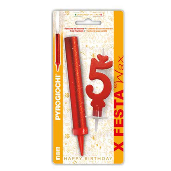 Слика на Прскалка + свеќа, За на торта, Број 5, 14,5цм, Pyrogiochi, X Festa, 41295,Црвена