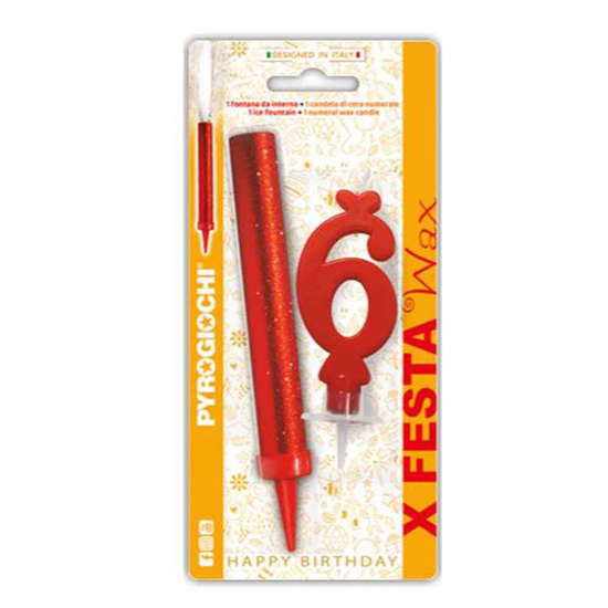 Слика на Прскалка + свеќа, За на торта, Број 6, 14,5цм, Pyrogiochi, X Festa, 41296,Црвена