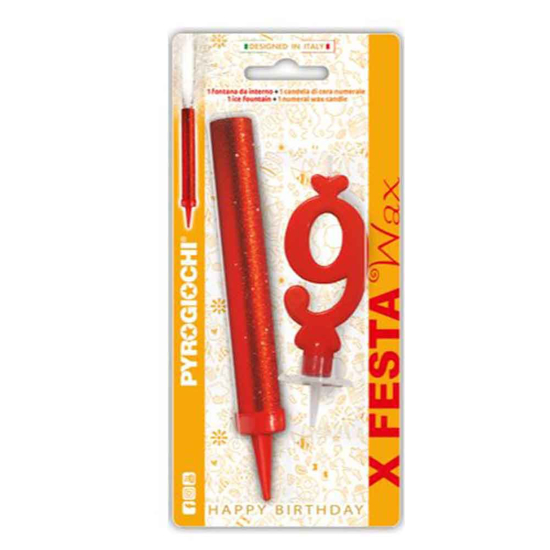Слика на Прскалка + свеќа, За на торта, Број 9, 14,5цм, Pyrogiochi, X Festa, 41299,Црвена