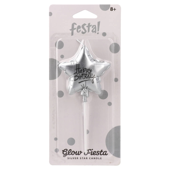 Слика на Роденденска свеќа, Ѕвезда, Happybirthday, Statovac, GlowFiesta, 708029, Сребрена