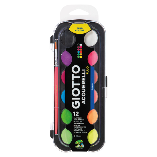 Слика на Бои, Водени, Сет 1/12 + четка, Giotto, Acquerelli Fluo, 000351400, Неон микс